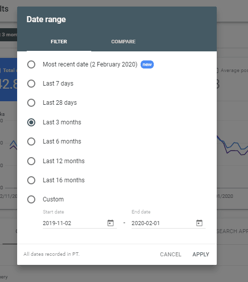 date range در سرچ کنسول